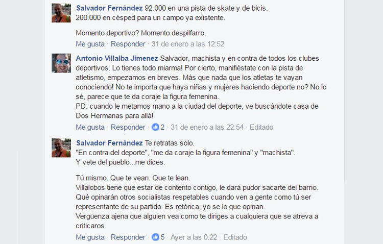 El concejal de Deportes tacha de «machista» a un miembro de Ciudadanos y le «manda a vivir a Dos Hermanas» por dar su opinión