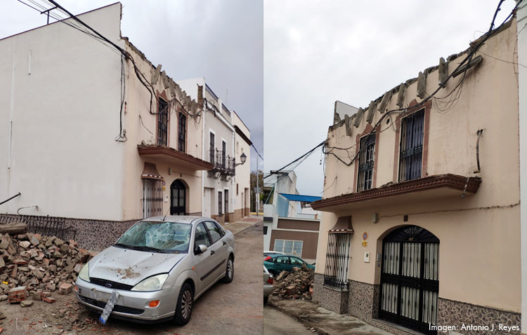 Se desploma parte de la azotea de una casa en Utrera y provoca también destrozos en un coche