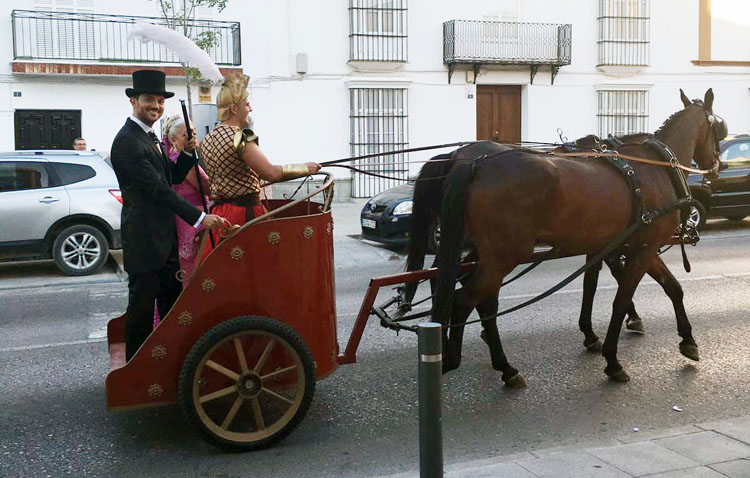 Un novio llega a su boda sobre una cuadriga dirigida por un auriga