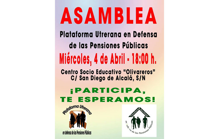 La plataforma utrerana en defensa de las pensiones públicas organiza una asamblea informativa