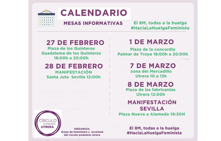 Podemos programa cuatro mesas informativas en Utrera sobre la huelga feminista del 8 de marzo