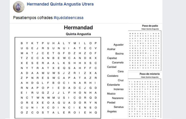 La hermandad de la Quinta Angustia crea unos «pasatiempos cofrades» para entretener a los utreranos